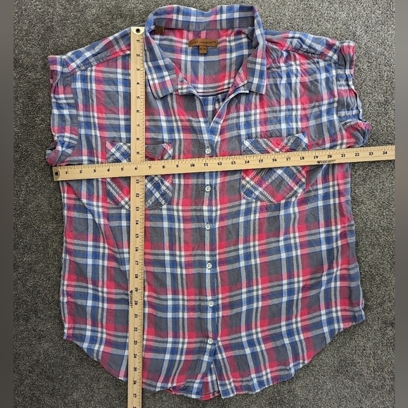 JACHS Girlfriend plaid top pink blue button down rolled cuffed sleeveless XLarge - Picture 4 of 8